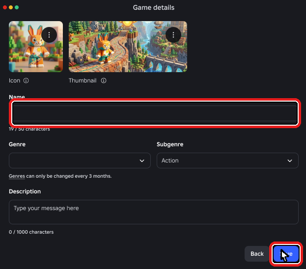 Окно Game details: обведено поле Name и синяя кнопка Save