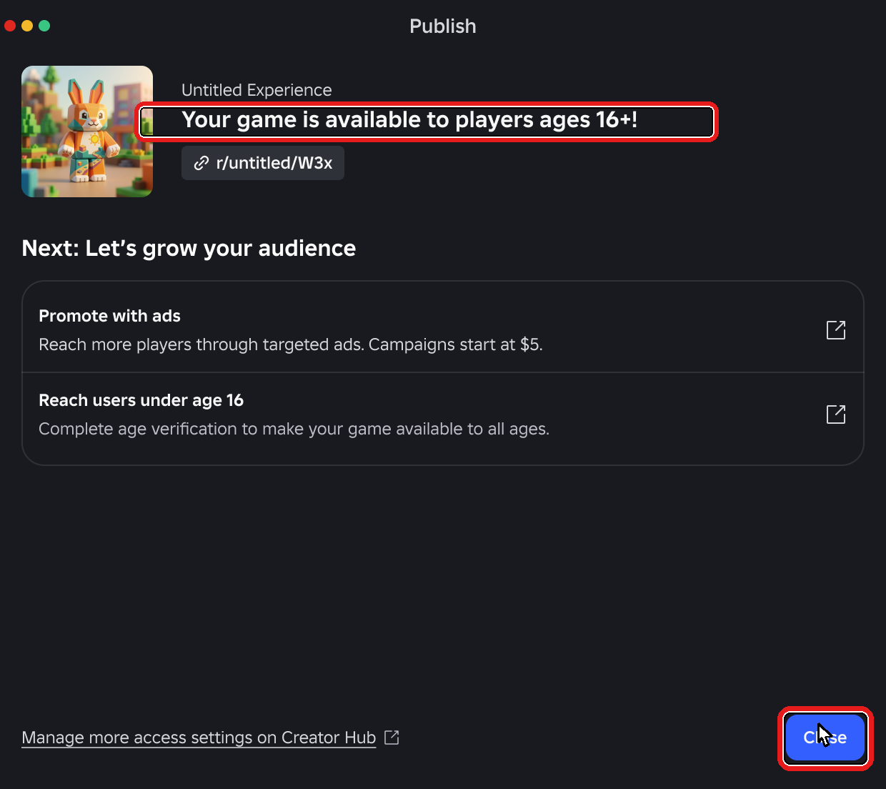 Окно Publish: обведена фраза Your game is available to players и кнопка Close