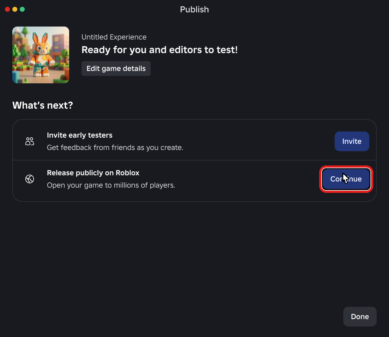 Окно Publish: обведена кнопка Continue у строки Release publicly on Roblox